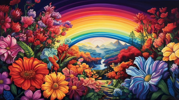 Una pintura de flores con un arco iris en el fondo