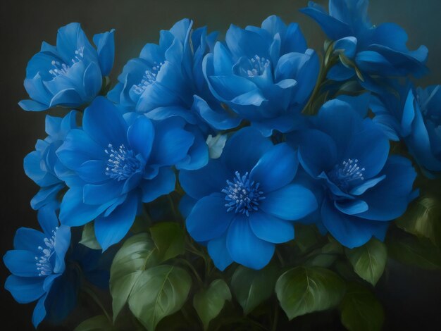 Una pintura de flores azules con las palabras azul en la parte inferior ai generado