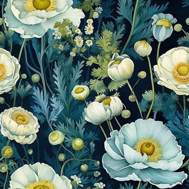 una pintura de flores blancas en un fondo azul