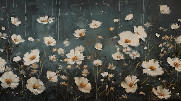 pintura de flores blancas en un fondo oscuro con gotas de lluvia generativa ai