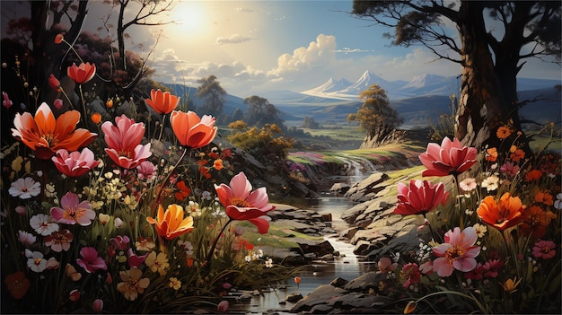 Una pintura de flores y una cascada con montañas en el fondo.