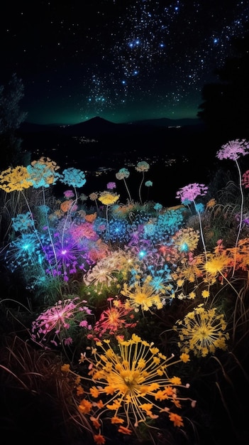 Una pintura de flores en el cielo nocturno.