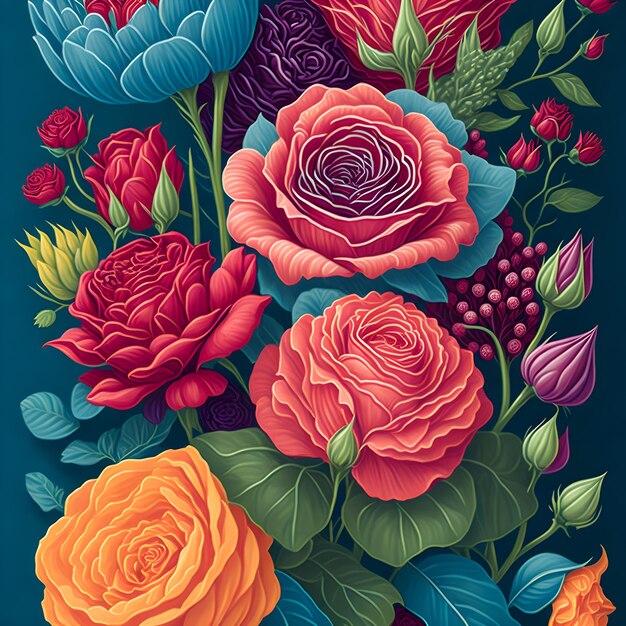 Foto una pintura de flores coloridas en un fondo azul maximalismo hecho de flores