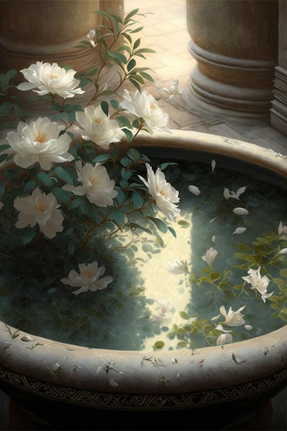 Pintura de flores en un cuenco de agua generativa ai.
