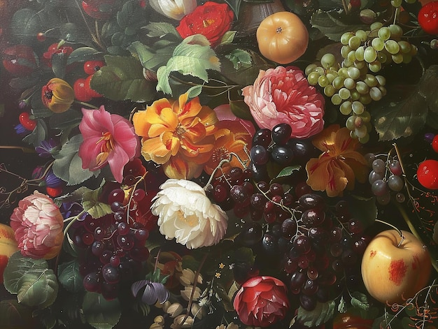 una pintura de flores y frutas con una rosa blanca