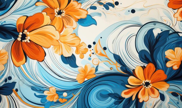 Una pintura de flores y hojas sobre un fondo azul