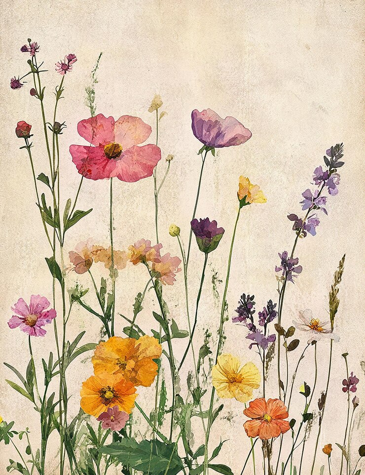 Foto una pintura de flores con una imagen de un jardín