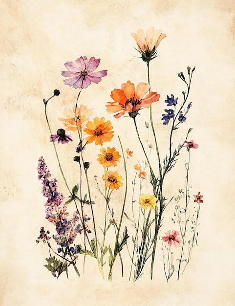 una pintura de flores en un jardín con una pintura en acuarela de flores