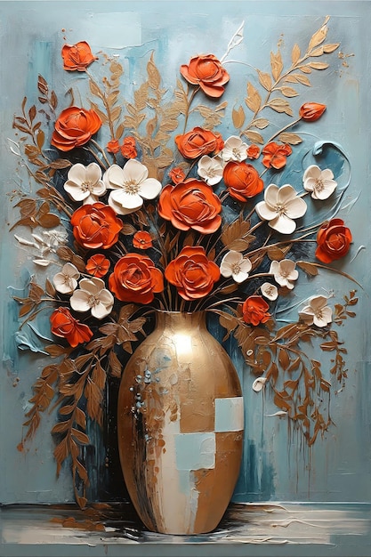 Pintura de flores en un jarrón azul en la pared