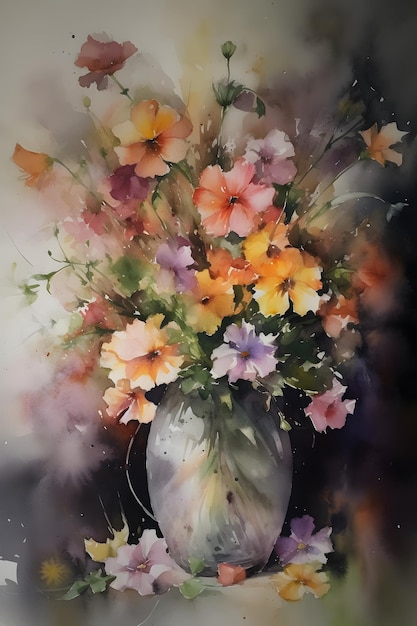 Una pintura de flores en un jarrón con la palabra "en él"