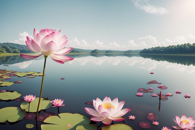 Una pintura de flores de loto en un lago