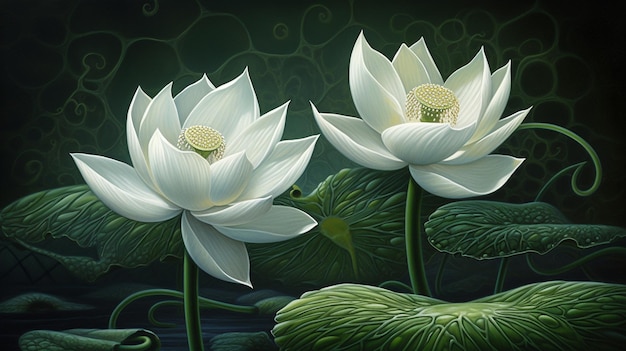 Una pintura de flores de loto con la palabra lotus en ella