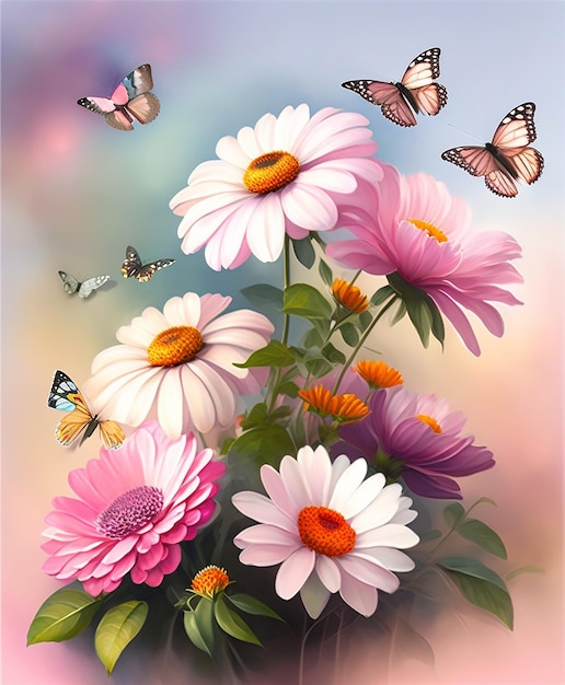 Una pintura de flores con mariposas y mariposas.