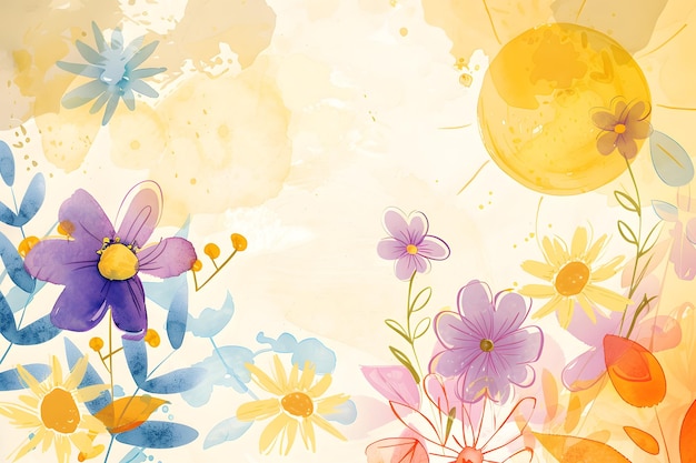 una pintura de flores y mariposas con el sol detrás de ellas