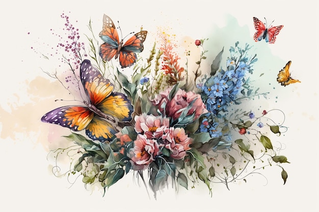 Una pintura de flores y mariposas.