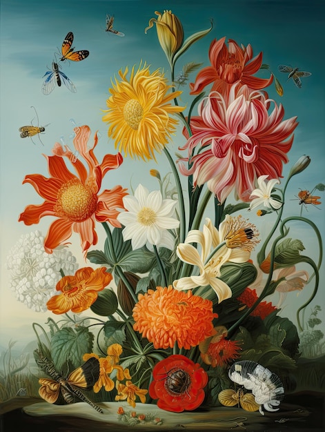 una pintura de flores y mariposas