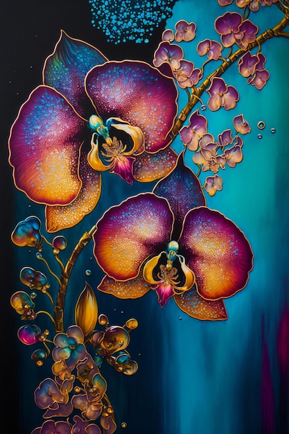 Pintura de flores moradas sobre un fondo azul ai generativo