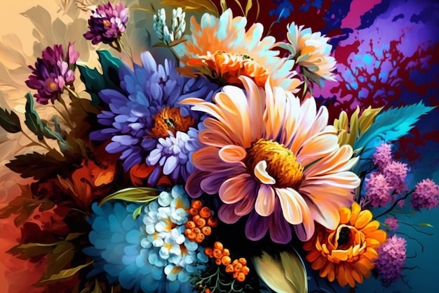 Una pintura de flores se muestra de una manera colorida.