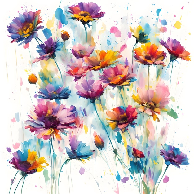 Pintura de flores multicolores Ilustración de ramo de flores Flores pintadas digitalmente IA generativa