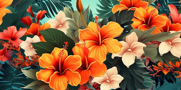 Una pintura de flores de naranja con hojas verdes y flores de narenja.