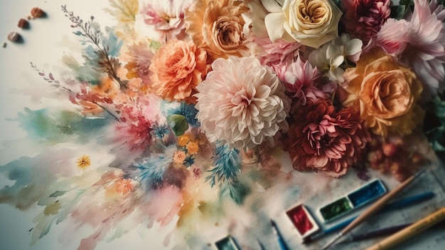 Una pintura de flores en una pared.