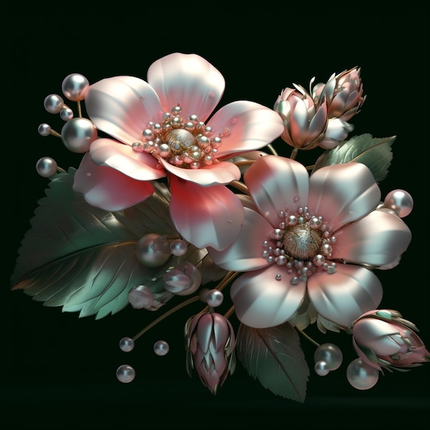 Una pintura de flores con perlas y perlas.