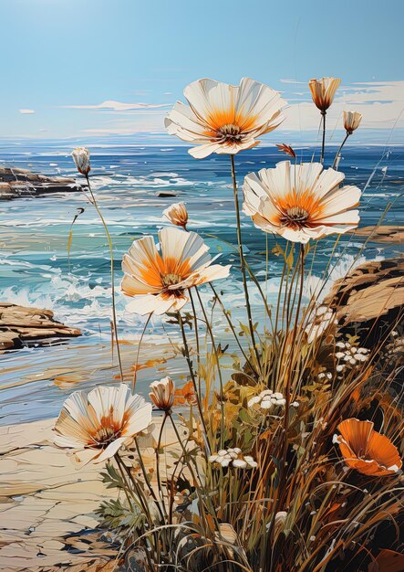 una pintura de flores en una playa con el océano en el fondo