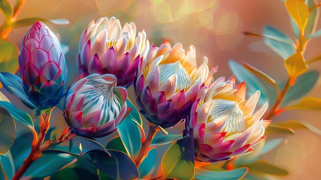 Foto pintura de flores de proteas con un fondo borroso