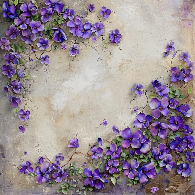 una pintura de flores púrpuras con un borde blanco