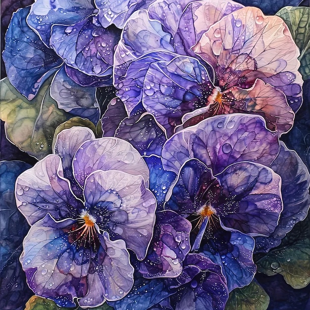 Una pintura de flores púrpuras con gotas de agua en ellas