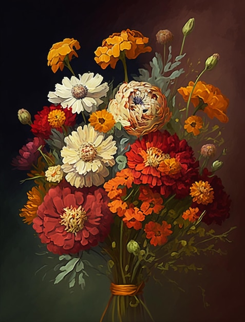 Una pintura de flores que está sobre un fondo oscuro.