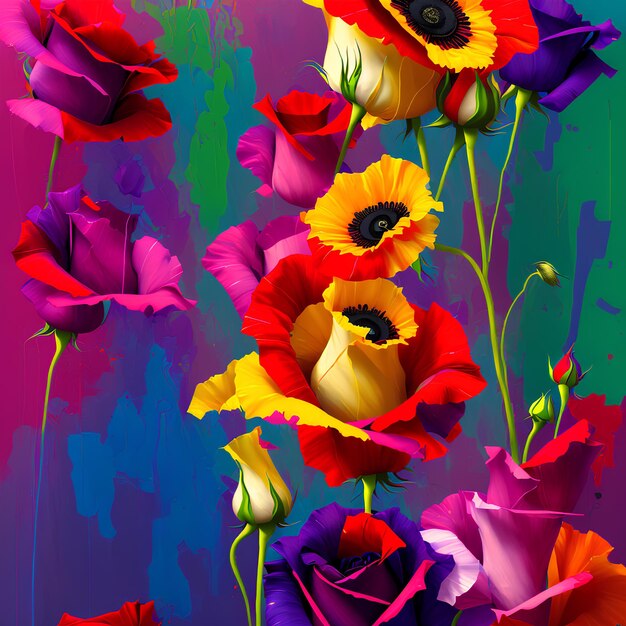 Foto una pintura de flores que están sobre un fondo colorido.