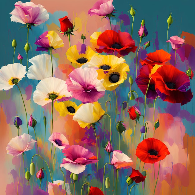 Una pintura de flores que son rojas, rosadas y blancas.