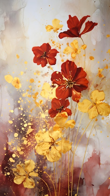 una pintura de flores rojas y amarillas sobre un fondo blanco Pintura acuarela de color mostaza