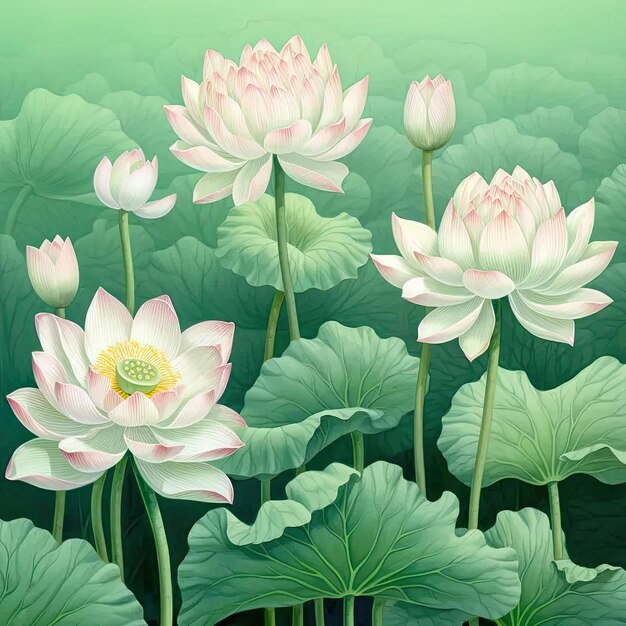 Una pintura de flores rosas y hojas verdes