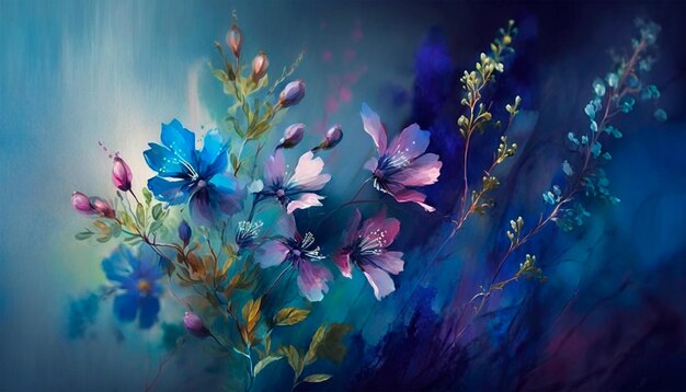 Una pintura de flores sobre un fondo azul.