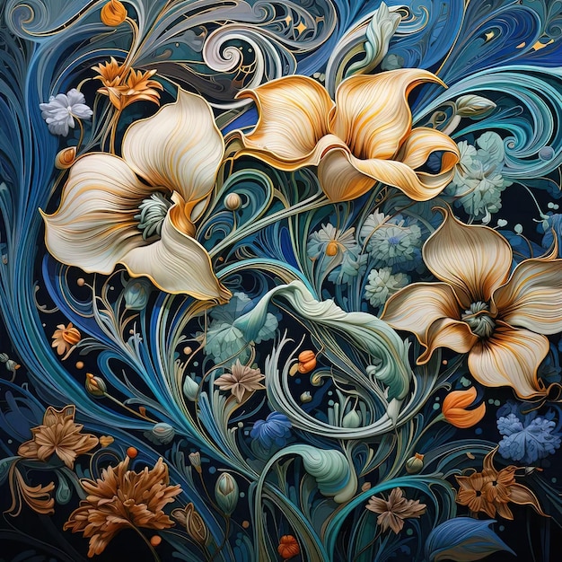 Una pintura de flores sobre un fondo azul