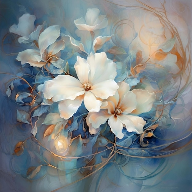 Una pintura de flores sobre un fondo azul.