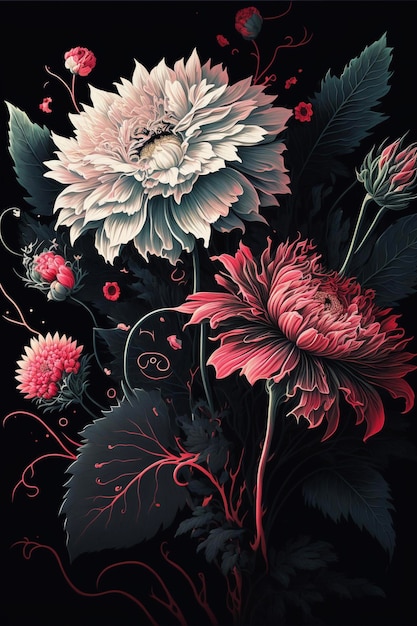 Pintura de flores sobre un fondo negro ai generativo.