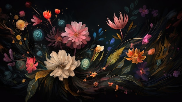 Una pintura de flores sobre un fondo negro.