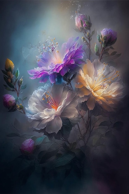 Pintura de flores sobre un fondo oscuro ai generativo.