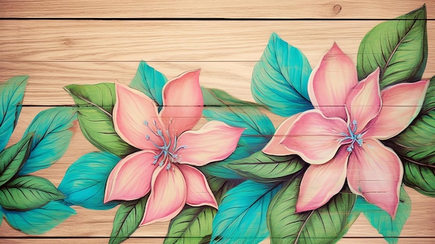 Una pintura de flores en una superficie de madera