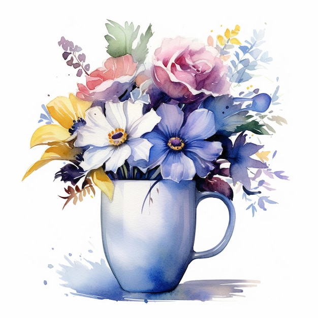 Una pintura de flores en una taza