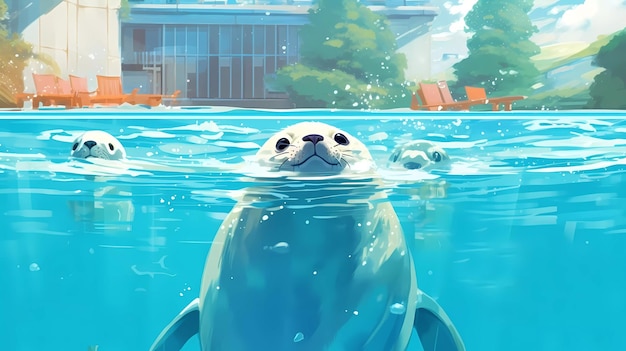 Una pintura de una foca nadando en una piscina con un edificio al fondo.