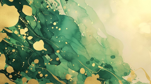Una pintura de un fondo abstracto verde y oro pequeño con efecto de acuarela