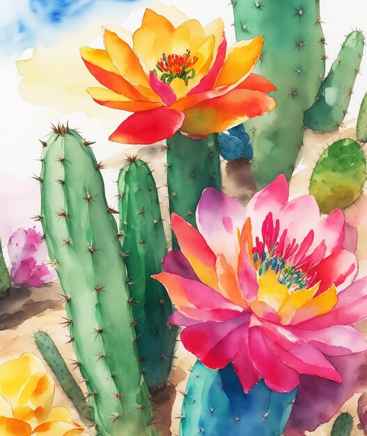 Pintura de fondo de acuarela creativa de flor de cactus del desierto multicolor sobre papel imagen de acuarela HD
