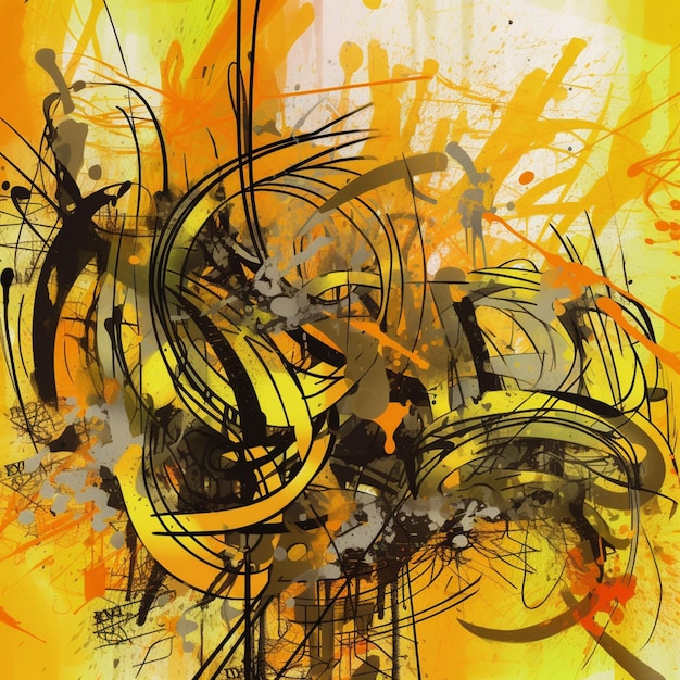 Una pintura de fondo amarillo y naranja con la palabra "en ella"