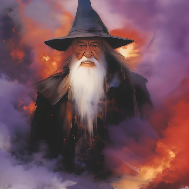 pintura de fondo de un hombre con barba blanca sombrero negro y ropa en fondo de llama humeante