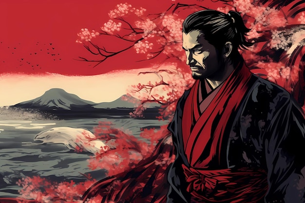 Foto pintura de fondo con la imagen de un samurai