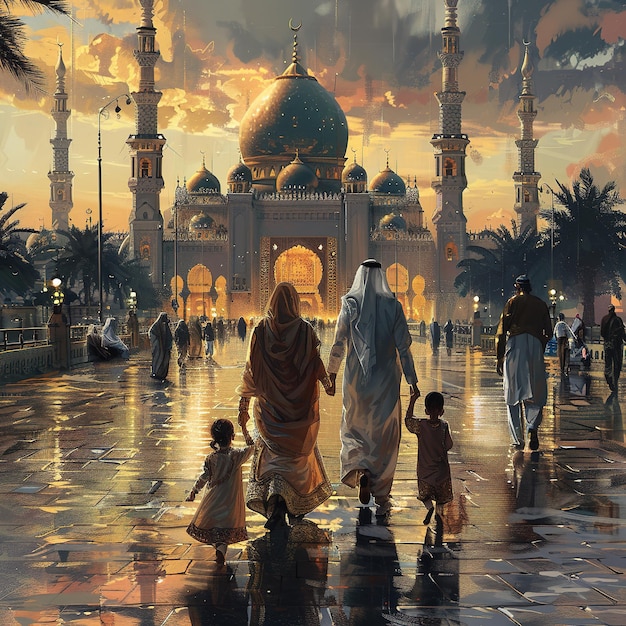 Pintura de fondo islámico con mezquita y familia feliz Pintura clásica de fondo islámica